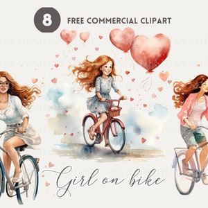 Meisje fiets aquarel clipart bundel, fietstocht en hart gratis commerciële PNG, romantische rijillustratie, meisje en fiets afbeelding