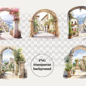 以下が含まれることがあります： アーチ型の入り口から見える、絵のように美しいイタリアの村を描いた水彩画4点。それぞれの絵は、石造りの建物、石畳の道、緑豊かな植物など、村の異なる景色を描いています。