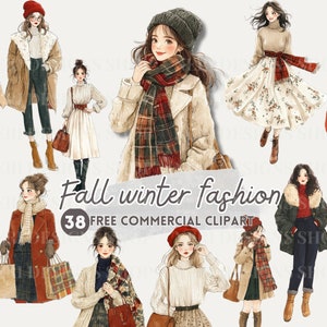 Clipart acquerello di ragazza moda autunno e inverno, PNG commerciale gratuito guardaroba stagionale, look autunnale chic, adesivo abbigliamento invernale per planner