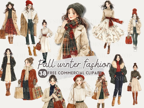 winter dress clipart Fall and Fashion Girl Watercolor Clipart, Seasonal Wardrobe Free Commercial PNG, Chic Autumn Look, Winter Attire Sticker for Planner 2flp Sexy Sheer Lingerie Dress Fit:Tall Regular Fit