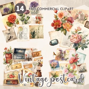 Vintage Postkarte Aquarell Clipart Bündel Retro Porto Free kommerzielle Aquarell Clipart Set Blumen Brief Illustration Vintage Umschlag