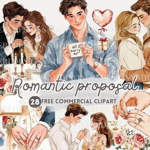 Romantisch voorstel aquarel clipart, ringdoos gratis commerciële png, roos en datuminstelling, paarsticker, handen paar met ringafbeelding
