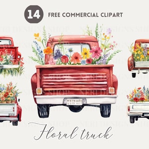 Bloemen vrachtwagen aquarel clipart bundel, met bloemen geladen vrachtwagen Gratis commerciële PNG-set, met bloemen versierde vintage lente vrachtwagen illustratie