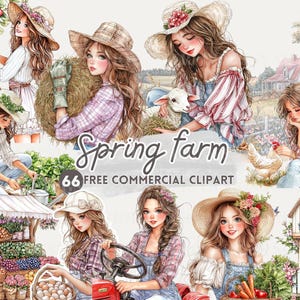Fille de la ferme et clipart aquarelle animal, agriculteur, PNG commercial gratuit maison de ferme de campagne, récolte de pommes au printemps, autocollant de planificateur de vie à la ferme
