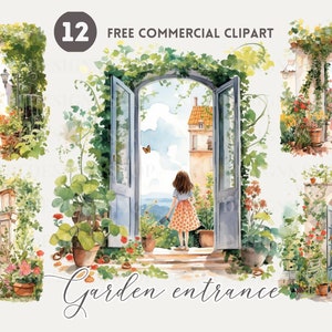 Tuindeuropening en kinderen aquarel clipart, tuinscène gratis commerciële PNG, Italiaanse tuiningang grafisch, bloementuindeur