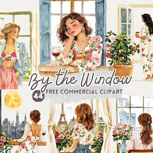 Clipart de acuarela de mujer junto a la ventana, PNG comercial gratuito de chica romántica junto a una ventana floral, pegatina de chica femenina, gráfico de escena de ventana acogedora