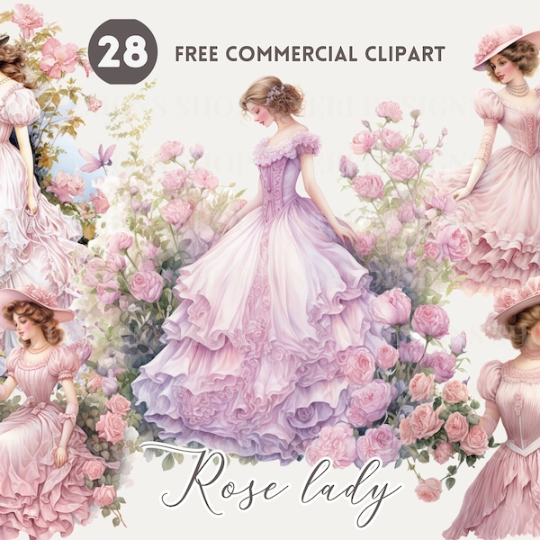 Vintage Lady and rose Watercolor Clipart Bundle, Floral Lady Free Commercial PNG, Feminine Vintage Illustration, Timeless Rose Lady Graphic