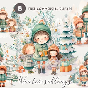 Winter children watercolor clipart bundle, Christmas sibling free commercial png, festive Snowy family illustration, holiday sister, brother