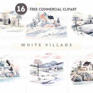 Winter scene Watercolor Clipart Bundle, Winter rural landscape Free Commercial, Winter Wonderland Illustration, snowy village graphic