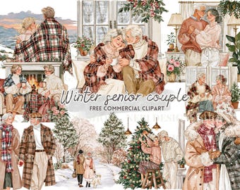 Senior Couple Winter Clipart, Watercolor Winter Romance, Elderly Couple Cozy Home and Snow Scene