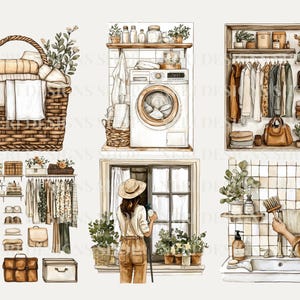 以下が含まれることがあります： 洗濯機のあるランドリールーム、洋服がハンガーにかけられたクローゼット、掃除用品が置かれた棚、植物のある窓、折り畳まれた洋服が入ったバスケットが置かれた棚など、家のさまざまなシーンを描いたデジタルイラスト6点セットです。