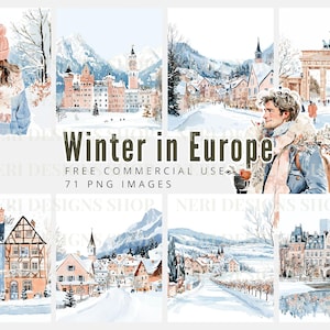 Winter in Europa aquarel clipart, berg winter gratis commercial, besneeuwd kasteel, feestelijke stad, dorp traditioneel huis digitale sticker