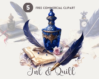 Tinte und Feder Aquarell Clipart Bündel, Vintage Schreibschrift free kommerzielle PNG, Vintage Schreibwaren Illustration, klassische Feder und Papierkunst