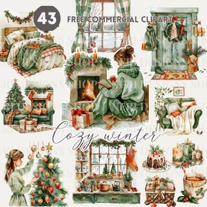 Gezellige winter aquarel clipart, vakantiehuis wonen gratis commerciële png voor dagboek, kerstkeuken, open haard, feestelijk meisje lezen