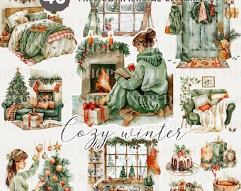 May include: A set of 43 digital illustrations featuring cosy winter scenes. The illustrations include a fireplace, a woman reading a book, a Christmas tree, a window with snow, a door with a wreath, a sofa, and a cake. The illustrations are perfect for creating winter-themed projects, such as cards, invitations, and scrapbook pages.