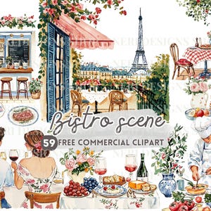 Imágenes prediseñadas de acuarela de escena de bistró, PNG comercial gratuito de restaurante acogedor, cena romántica, calcomanía de chef, escaparate de cafetería, diseño gráfico de mesa