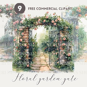Garden Gate aquarel clipartbundel, Rose smeedijzeren hek gratis commerciële png-set, Garden Floral Gate met klimmende bloem illustratie