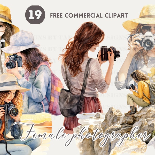 Female traveler taking photo watercolor clipart bundle, Back view girl Free commercial set, Woman hold camera for travelling illustration