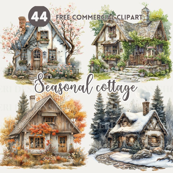Spring cottage watercolor clipart bundle, Summer cottage Free commercial PNG, cozy autumn rustic house, winter countryside home illustration