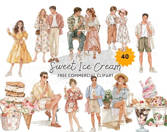 Watercolor Ice Cream Clipart – Summer Dessert PNG, People Eating Ice Cream, Café and Birthday Party Graphics, Commercial Use