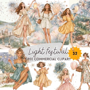 May include: A collection of watercolor illustrations featuring figures in dresses at a light festival, with fireworks, lanterns, picnic scenes, and string lights. The text reads Light festival 32 FREE COMMERCIAL CLIPART in a script and sans-serif font.