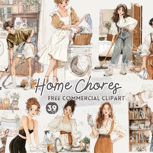 Flicka som gör hushållssysslor akvarell clipart, städjournalklistermärke, gratis kommersiell PNG, dammsugning, tvätt, hemorganisering