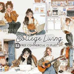 May include: Digital illustration featuring college life scenes. Includes students with laptops, a guitar, and pizza. The image also shows a kitchen, a closet with clothes, and the text "College Living" and "31 FREE COMMERCIAL CLIPART".