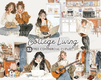 University Student life watercolor clipart, Student Apartment, Campus Living and daily routine free commercial PNG, College Lifestyle Art