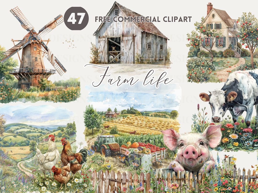 Farm Life Watercolor Clipart Bundle Cottagecore Free Commercial PNG ...