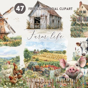 Ensemble de cliparts aquarelle vie à la ferme cottagecore Gratuit PNG, Moulin à vent, Des animaux de la ferme, paysage, grange, ferme Illustration de la récolte