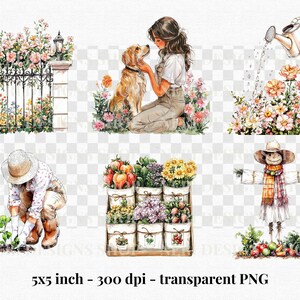 Puede incluir: Un conjunto de 5 ilustraciones digitales con tem&aacute;tica de jard&iacute;n. Las im&aacute;genes incluyen una mujer con un perro, un espantap&aacute;jaros, un jardinero, una puerta y una colecci&oacute;n de plantas en macetas.