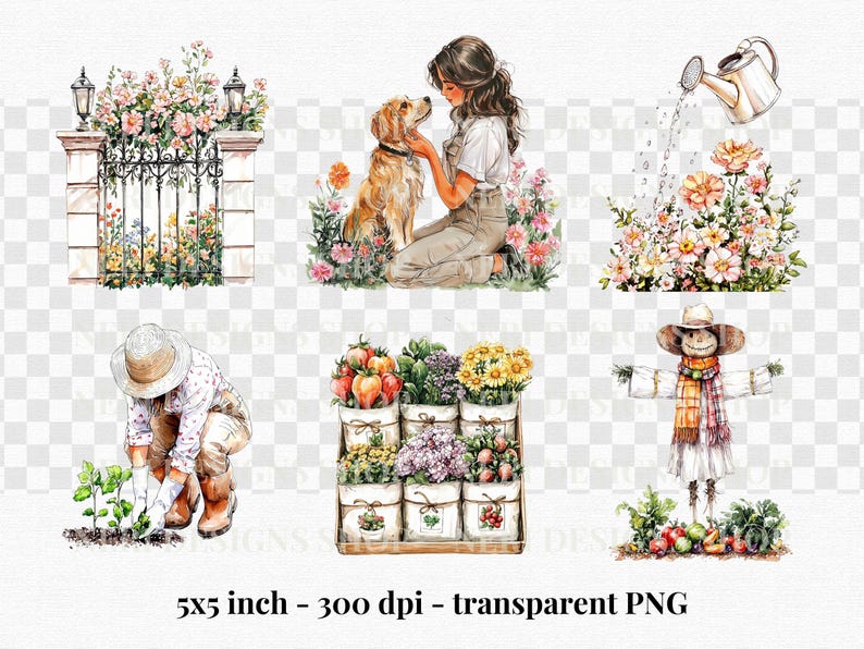 Puede incluir: Un conjunto de 5 ilustraciones digitales con tem&aacute;tica de jard&iacute;n. Las im&aacute;genes incluyen una mujer con un perro, un espantap&aacute;jaros, un jardinero, una puerta y una colecci&oacute;n de plantas en macetas.
