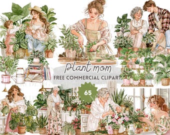 Plant Mom Clipart, Watercolor Woman Caring for Plants, Houseplants Lover, Senior Mother and Child Illustrations
