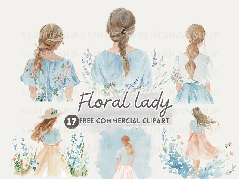 Floral Lady Backview Watercolor Clipart, Backside Woman Surrounded by