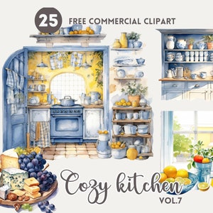 Cozy kitchen watercolor clipart bundle, Food Free Commercial PNG Set, Cupboard, Cooking Illustration, Kitchen scene, Home cooking art