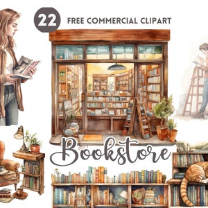 Bookstore watercolor clipart bundle Book shop Free commercial watercolor set Storefront illustration set Cozy reading clipart Book Lover