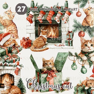 Weihnachten Katze und Geschenk Aquarell Clipart, Festliche Kätzchen mit Licht spielen, Katze am Kamin, Haustier mit Ornament