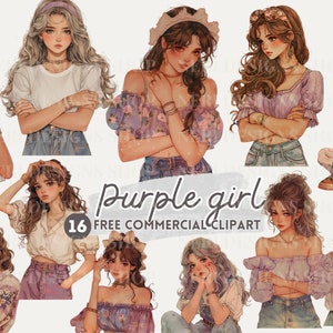 Purple Girl aquarel clipart, Pretty Violet Girl gratis commerciële png, paarse chique look, vrouwelijke planner sticker, fotomodel, meisje pose