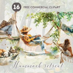 Hangmat Retreat aquarel clipart bundel, gratis commerciële serene ontspannende hangmat PNG, vredig meisje dutten, lezen op hangmat, Wellness