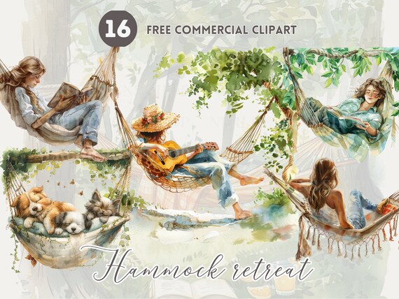 Hammock Retreat Watercolor Clipart Bundle Free Commercial Serene Relaxing Hammock PNG Peaceful Girl Napping Reading on Hammock Wellness Etsy