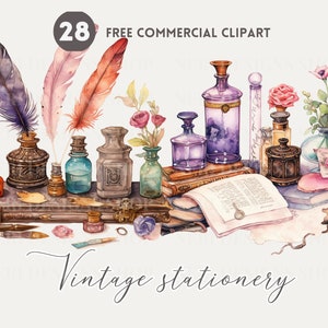 Pacchetto di clipart ad acquerello di cancelleria vintage, inchiostro, penna PNG commerciale gratuito, forniture per scrittura antica, carta, pergamena, accessori da scrivania
