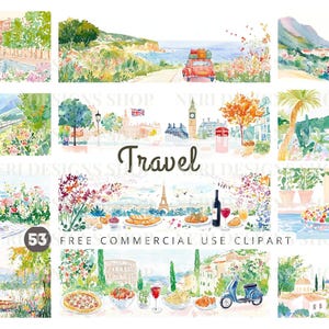 Reizen landschap aquarel clipart, reis gratis commerciële JPG, roadtrip sticker voor dagboek, Europees monument, Wanderlust afbeelding