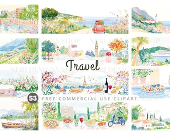 Op de afbeelding: Watercolor clipart set met reisthema's. Bevat illustraties van bezienswaardigheden, landschappen en eten. Met het woord "Travel" en de tekst "53 FREE COMMERCIAL USE CLIPART".