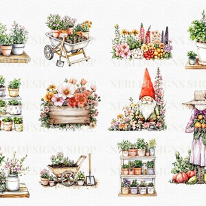 Puede incluir: Un conjunto de diez ilustraciones digitales que representan diferentes escenas de jard&iacute;n. Las ilustraciones incluyen una carretilla llena de plantas en macetas, un gnomo rodeado de flores, un espantap&aacute;jaros sosteniendo calabazas y varias disposiciones de plantas en macetas en estantes.