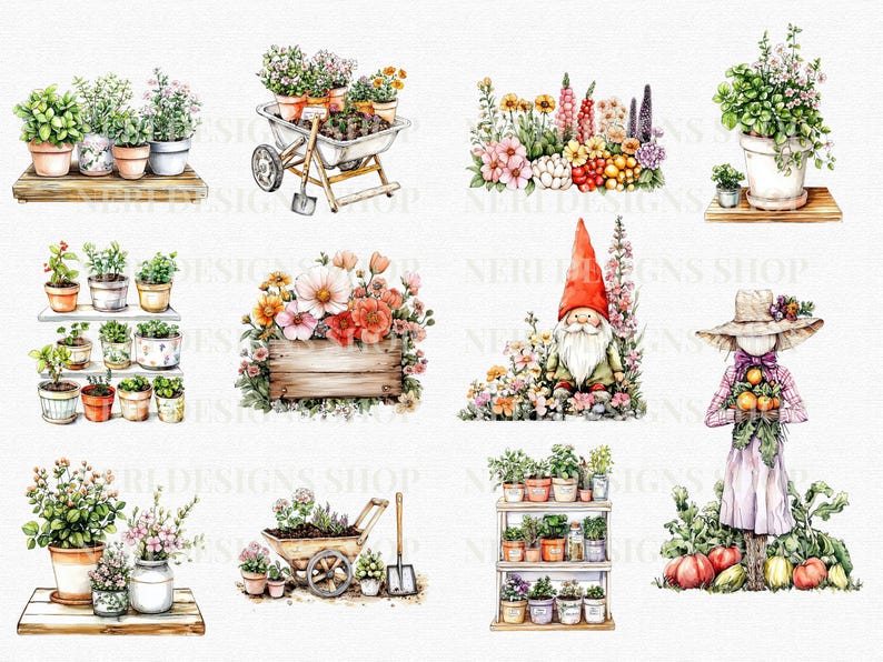 Puede incluir: Un conjunto de diez ilustraciones digitales que representan diferentes escenas de jard&iacute;n. Las ilustraciones incluyen una carretilla llena de plantas en macetas, un gnomo rodeado de flores, un espantap&aacute;jaros sosteniendo calabazas y varias disposiciones de plantas en macetas en estantes.