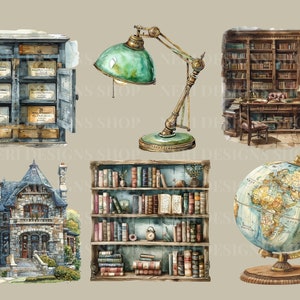 Vintage reading watercolor clipart Classic library Free commercial PNG Librarian, Book lover bookcase old world globe catalog cabinet art zdjęcie 5