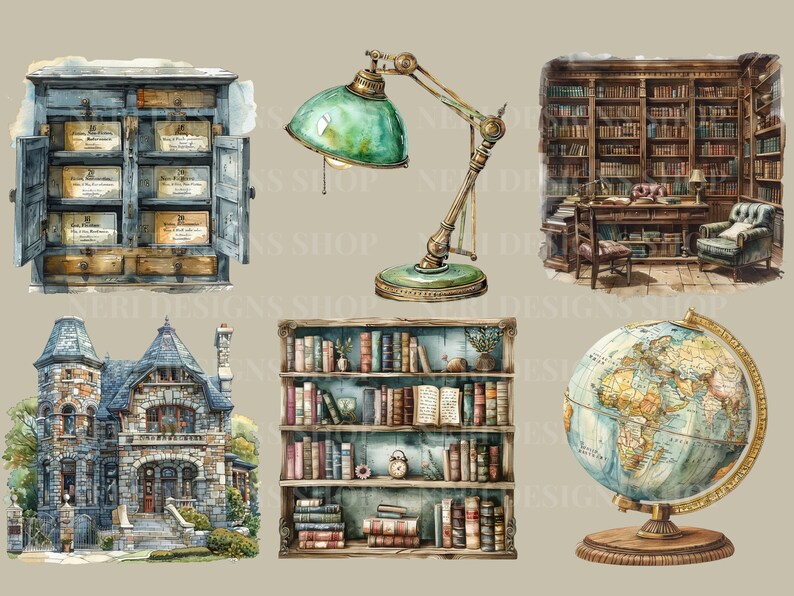 Vintage reading watercolor clipart Classic library Free commercial PNG Librarian, Book lover bookcase old world globe catalog cabinet art zdjęcie 5