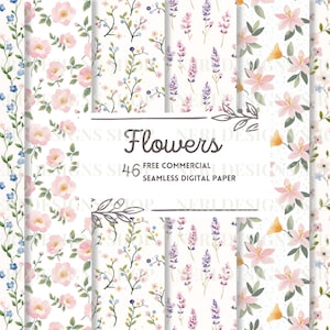 Puede incluir: Una colección de papeles digitales sin costuras con motivos florales en acuarela. Los diseños presentan varias flores en tonos de rosa, azul, morado y amarillo sobre un fondo blanco. El texto dice "Flowers 46 Free Commercial Seamless Digital Paper".