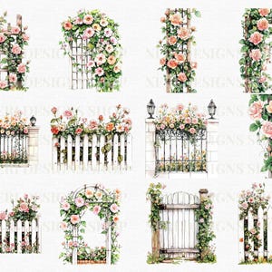 Puede incluir: Una hoja de collage digital de 10 ilustraciones de acuarela que presentan varias puertas y vallas de jard&iacute;n adornadas con rosas rosadas. Las puertas y vallas son de diferentes estilos, incluyendo vallas de piquetes, puertas arqueadas y puertas de enrejado. Las rosas est&aacute;n en plena floraci&oacute;n y a&ntilde;aden un toque de romanticismo a los dise&ntilde;os.