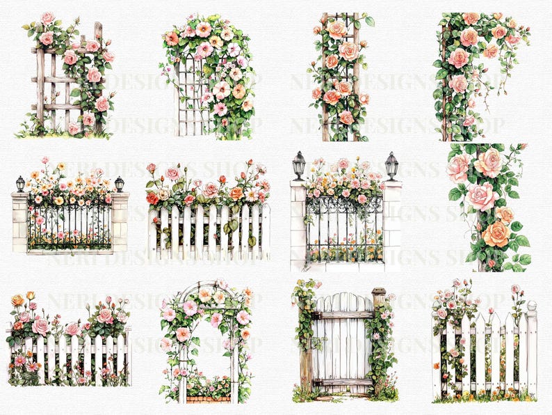 Puede incluir: Una hoja de collage digital de 10 ilustraciones de acuarela que presentan varias puertas y vallas de jard&iacute;n adornadas con rosas rosadas. Las puertas y vallas son de diferentes estilos, incluyendo vallas de piquetes, puertas arqueadas y puertas de enrejado. Las rosas est&aacute;n en plena floraci&oacute;n y a&ntilde;aden un toque de romanticismo a los dise&ntilde;os.